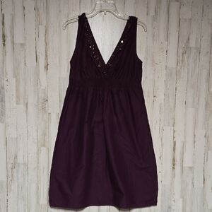Purple 100% Cotton Sleeveless Ruched V-Neck Sundress